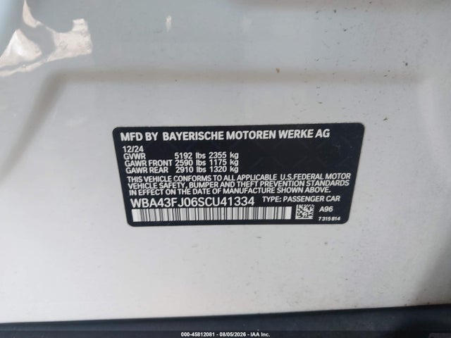 Aukcja sprzedaży 2025 Bmw 530i, vin: WBA43FJ06SCU41334, numer aukcji: 45812081