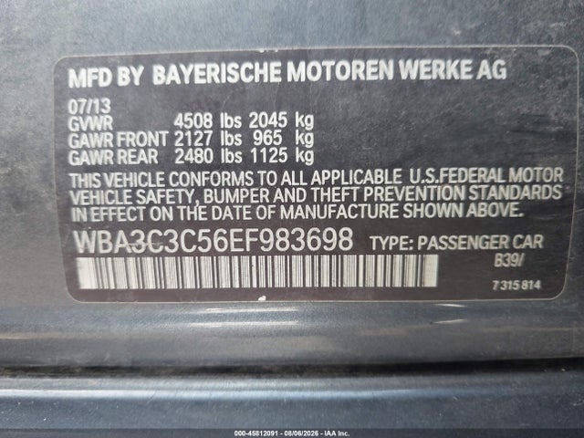 2014 Bmw 320i Xdrive მანქანა იყიდება აუქციონზე, vin: WBA3C3C56EF983698, აუქციონის ნომერი: 45812091