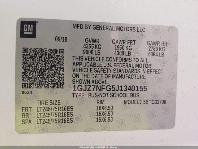 45812096 :رقم المزاد ، 1GJZ7NFG5J1340155 vin ، 2018 Gmc Savana 3500 Ls مزاد بيع