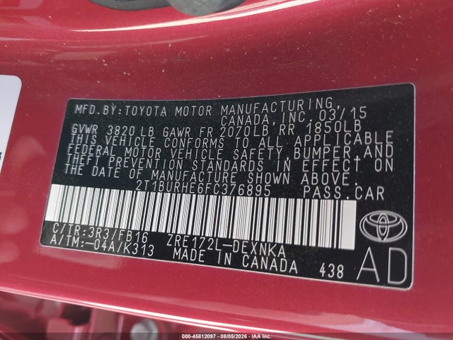 Toyota Corolla Le Plus 2015 2T1BURHE6FC376895 Image 9