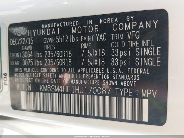 Aukcja sprzedaży 2017 Hyundai Santa Fe Se, vin: KM8SM4HF1HU170087, numer aukcji: 45812101