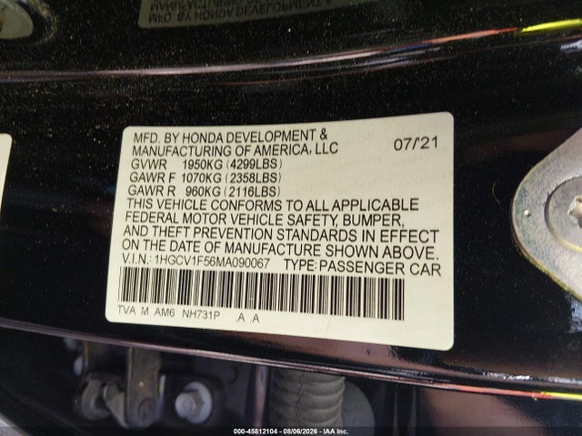 2021 Honda Accord Ex-l მანქანა იყიდება აუქციონზე, vin: 1HGCV1F56MA090067, აუქციონის ნომერი: 45812104