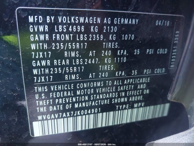 Продаж на аукціоні авто 2018 Volkswagen Tiguan Limited 2.0t, vin: WVGAV7AX7JK004901, номер лоту: 45812107