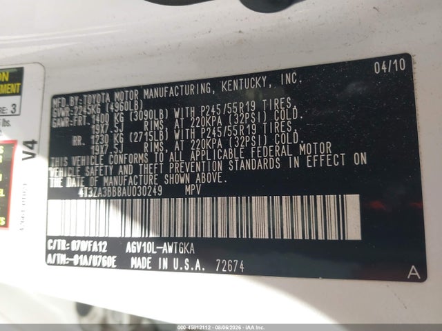 45812112 :رقم المزاد ، 4T3ZA3BB8AU030249 vin ، 2010 Toyota Venza مزاد بيع