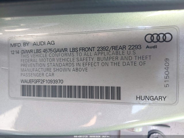 2015 Audi A3 2.0t Premium მანქანა იყიდება აუქციონზე, vin: WAUEFGFF2F1093970, აუქციონის ნომერი: 45812128