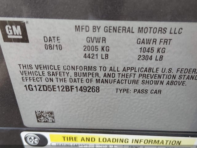 45812132 :رقم المزاد ، 1G1ZD5E12BF149268 vin ، 2011 Chevrolet Malibu 2lt مزاد بيع