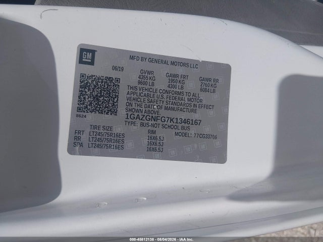 2019 Chevrolet Express 3500 Ls მანქანა იყიდება აუქციონზე, vin: 1GAZGNFG7K1346167, აუქციონის ნომერი: 45812138