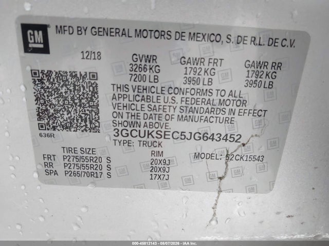 45812143 :رقم المزاد ، 3GCUKSEC5JG643452 vin ، 2018 Chevrolet Silverado 1500 2lz مزاد بيع