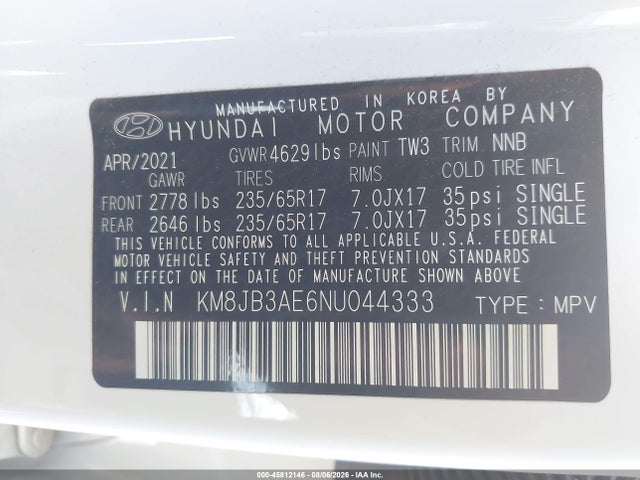 45812146 :رقم المزاد ، KM8JB3AE6NU044333 vin ، 2022 Hyundai Tucson Sel مزاد بيع