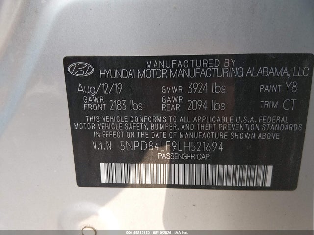 Продаж на аукціоні авто 2020 Hyundai Elantra Sel, vin: 5NPD84LF9LH521694, номер лоту: 45812150