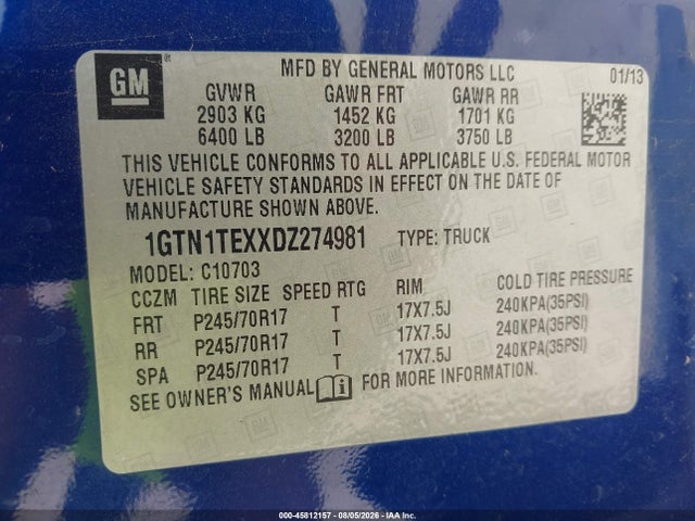 Продаж на аукціоні авто 2013 Gmc Sierra 1500 Work Truck, vin: 1GTN1TEXXDZ274981, номер лоту: 45812157