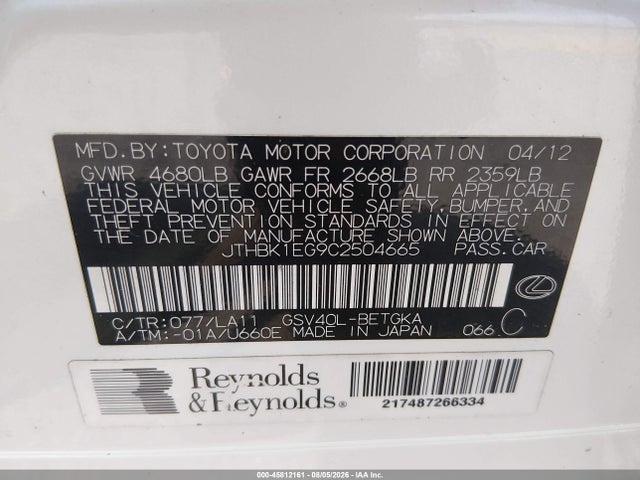 2012 Lexus Es 350 მანქანა იყიდება აუქციონზე, vin: JTHBK1EG9C2504665, აუქციონის ნომერი: 45812161