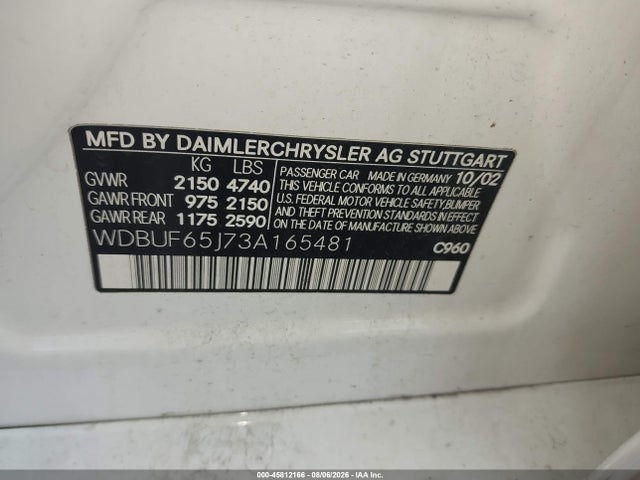 Aukcja sprzedaży 2003 Mercedes-benz E 320, vin: WDBUF65J73A165481, numer aukcji: 45812166