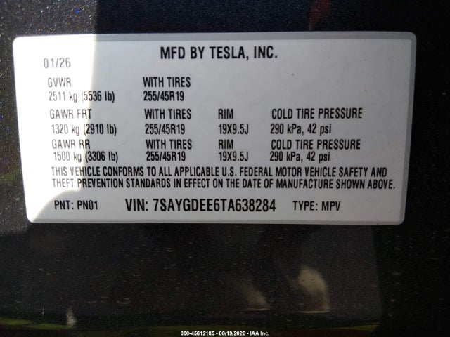 Продаж на аукціоні авто 2026 Tesla Model Y, vin: 7SAYGDEE6TA638284, номер лоту: 45812185