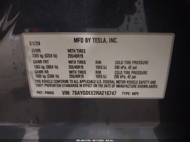 Продаж на аукціоні авто 2024 Tesla Model Y Long Range Dual Motor All-wheel Drive, vin: 7SAYGDEE2RA216747, номер лоту: 45812188