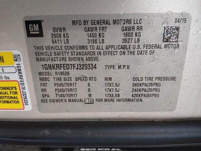 Продажа на аукционе авто 2015 Chevrolet Traverse Ls, vin: 1GNKRFED7FJ329334, номер лота: 45812195