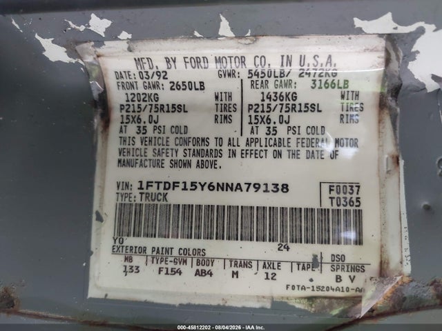 Продажа на аукционе авто 1992 Ford F150, vin: 1FTDF15Y6NNA79138, номер лота: 45812202