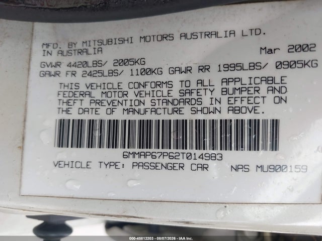 Продаж на аукціоні авто 2002 Mitsubishi Diamante Ls, vin: 6MMAP67P62T014983, номер лоту: 45812203