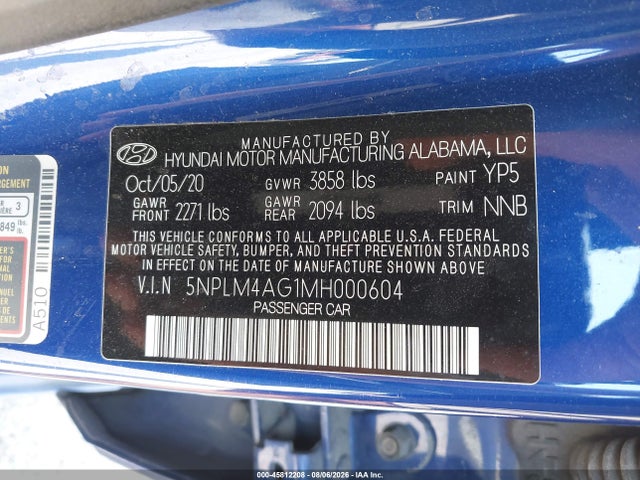 Aukcja sprzedaży 2021 Hyundai Elantra Sel, vin: 5NPLM4AG1MH000604, numer aukcji: 45812208