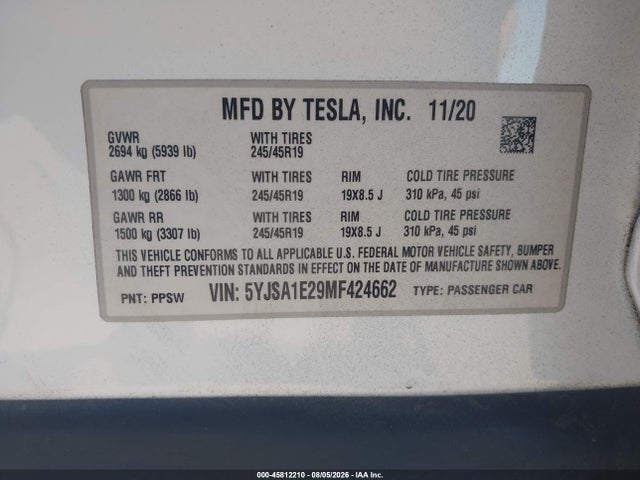 Продаж на аукціоні авто 2021 Tesla Model S Long Range Dual Motor All-wheel Drive/long Range Plus Dual Motor All-wheel Drive, vin: 5YJSA1E29MF424662, номер лоту: 45812210