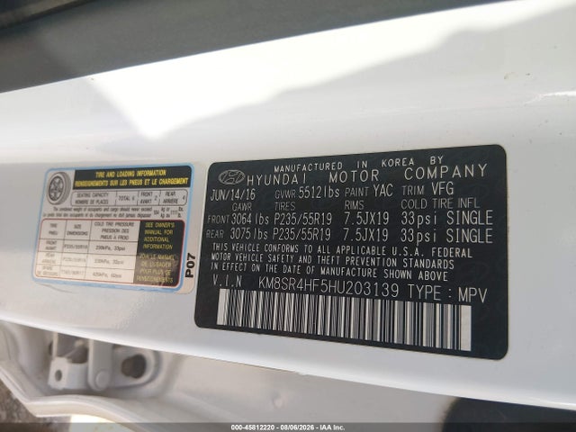 45812220 :رقم المزاد ، KM8SR4HF5HU203139 vin ، 2017 Hyundai Santa Fe Limited Ultimate مزاد بيع