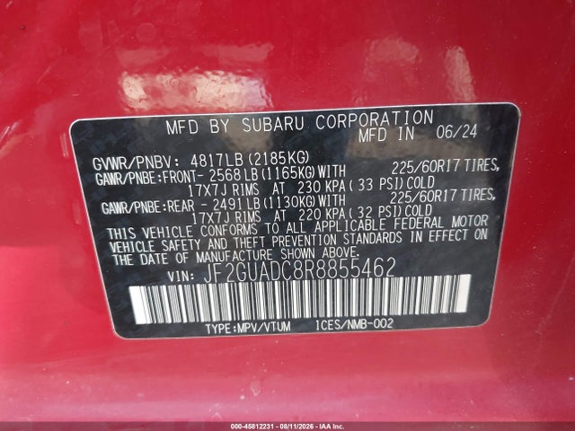 45812231 :رقم المزاد ، JF2GUADC8R8855462 vin ، 2024 Subaru Crosstrek Premium مزاد بيع