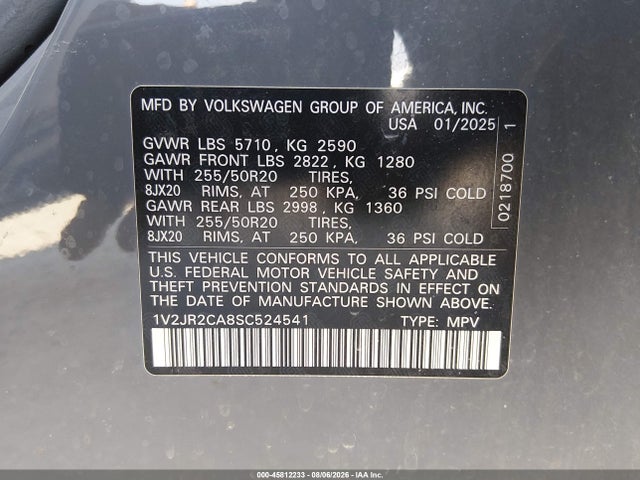 45812233 :رقم المزاد ، 1V2JR2CA8SC524541 vin ، 2025 Volkswagen Atlas 2.0t Se W/technology مزاد بيع