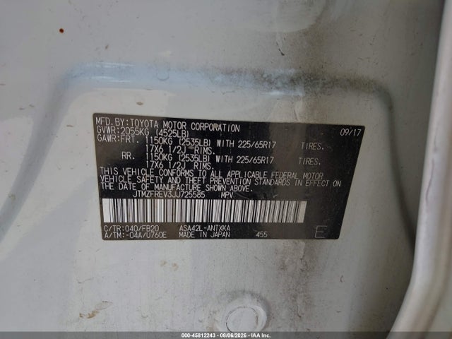 2018 Toyota Rav4 Le მანქანა იყიდება აუქციონზე, vin: JTMZFREV3JJ725585, აუქციონის ნომერი: 45812243