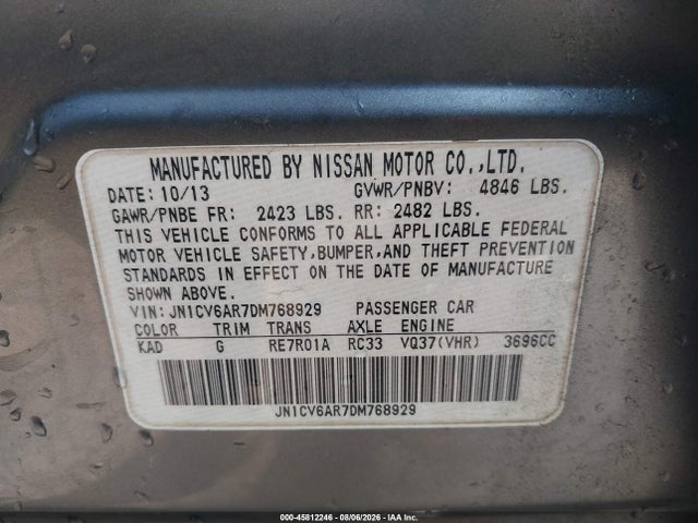 Продаж на аукціоні авто 2013 Infiniti G37x, vin: JN1CV6AR7DM768929, номер лоту: 45812246