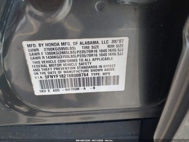 2008 Honda Pilot Vp მანქანა იყიდება აუქციონზე, vin: 5FNYF18218B008764, აუქციონის ნომერი: 45812249