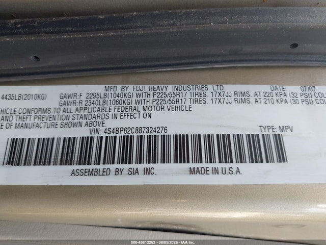 Продажа на аукционе авто 2008 Subaru Outback (natl) Ltd/ltd Ll Bean W/nav/ltd Ll Bean W/nav/vdc/ltd W/vdc, vin: 4S4BP62C887324276, номер лота: 45812252