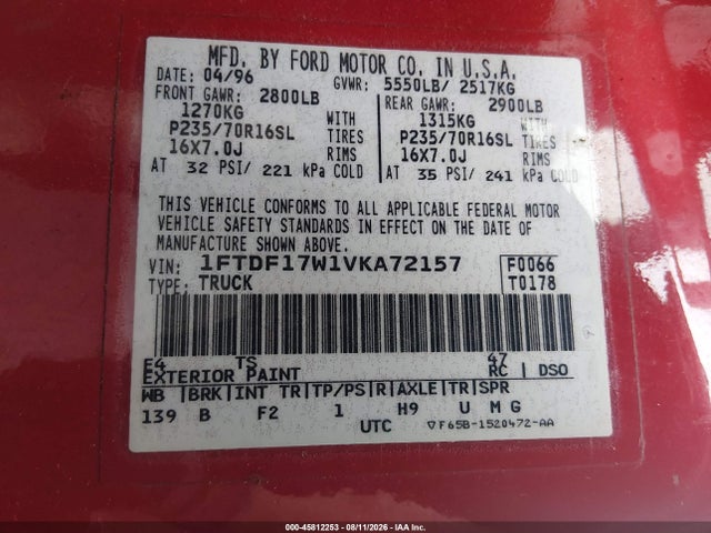 45812253 :رقم المزاد ، 1FTDF17W1VKA72157 vin ، 1997 Ford F-150 Standard Lariat/standard/xl/xlt مزاد بيع