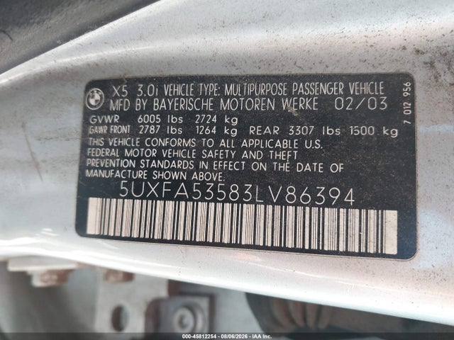 Продажа на аукционе авто 2003 Bmw X5 3.0i, vin: 5UXFA53583LV86394, номер лота: 45812254