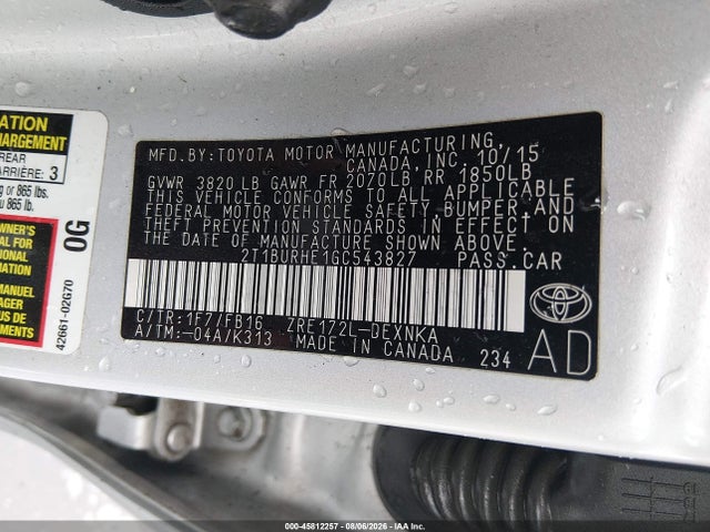 45812257 :رقم المزاد ، 2T1BURHE1GC543827 vin ، 2016 Toyota Corolla Le مزاد بيع