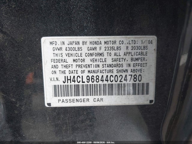Продаж на аукціоні авто 2004 Acura Tsx, vin: JH4CL96844C024780, номер лоту: 45812259