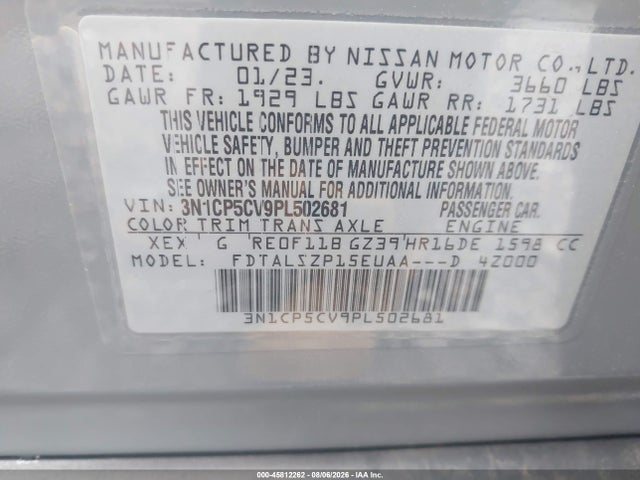 Aukcja sprzedaży 2023 Nissan Kicks Sv Xtronic Cvt, vin: 3N1CP5CV9PL502681, numer aukcji: 45812262