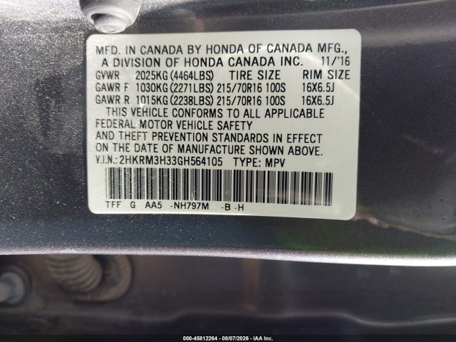 Aukcja sprzedaży 2016 Honda Cr-v Lx, vin: 2HKRM3H33GH564105, numer aukcji: 45812264