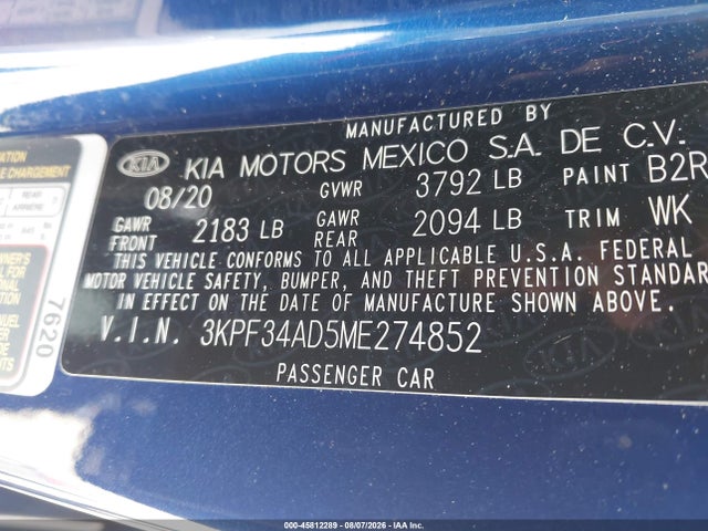 Aukcja sprzedaży 2021 Kia Forte Gt-line, vin: 3KPF34AD5ME274852, numer aukcji: 45812289