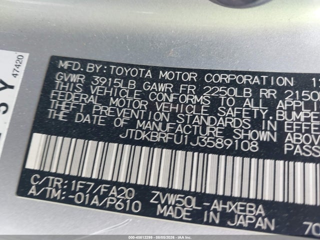 Aukcja sprzedaży 2018 Toyota Prius Two, vin: JTDKBRFU1J3589108, numer aukcji: 45812299
