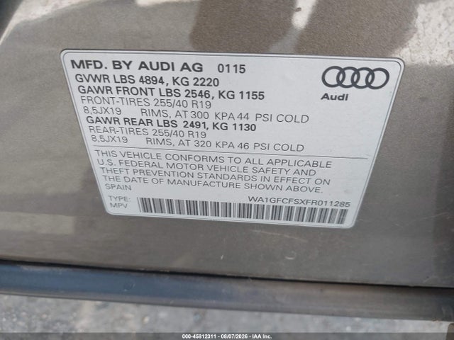 Продаж на аукціоні авто 2015 Audi Q3 2.0t Premium Plus, vin: WA1GFCFSXFR011285, номер лоту: 45812311