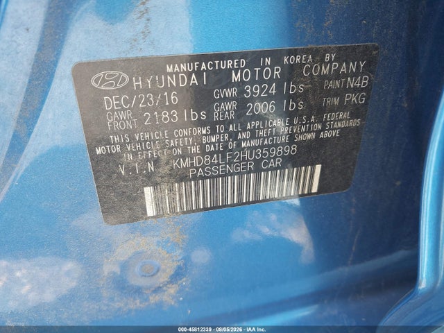 Aukcja sprzedaży 2017 Hyundai Elantra Limited, vin: KMHD84LF2HU359898, numer aukcji: 45812339