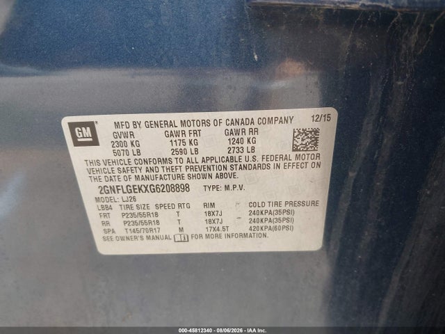 45812340 :رقم المزاد ، 2GNFLGEKXG6208898 vin ، 2016 Chevrolet Equinox Ltz مزاد بيع