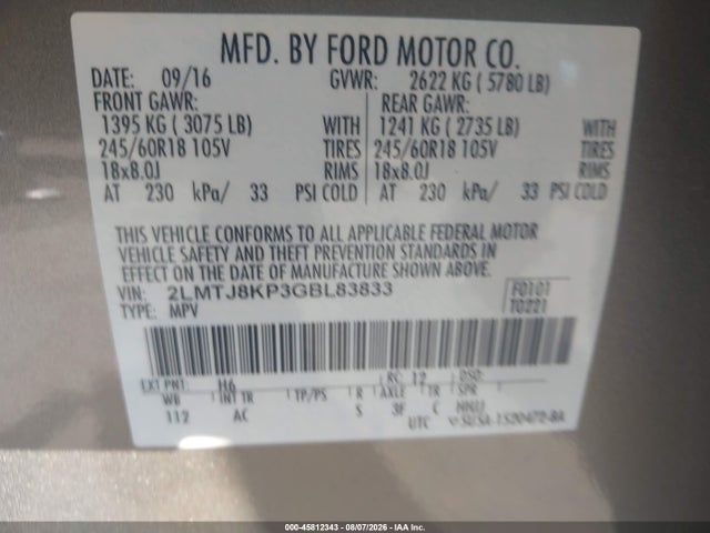 Lincoln Mkx Select 2016 2LMTJ8KP3GBL83833 Image 9