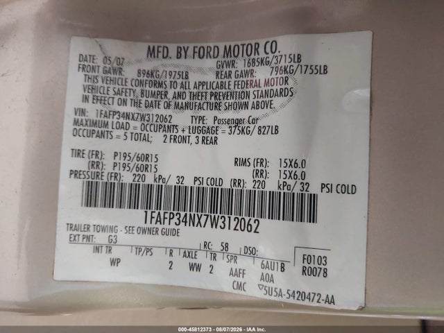 2007 Ford Focus S/se/ses მანქანა იყიდება აუქციონზე, vin: 1FAFP34NX7W312062, აუქციონის ნომერი: 45812373