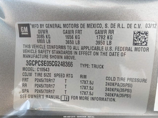 45812375 :رقم المزاد ، 3GCPCSE05CG248366 vin ، 2012 Chevrolet Silverado 1500 Lt مزاد بيع