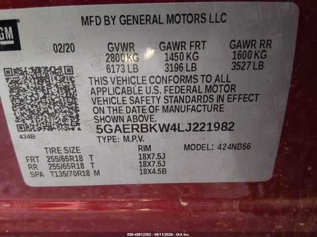 45812382 :رقم المزاد ، 5GAERBKW4LJ221982 vin ، 2020 Buick Enclave Fwd Essence مزاد بيع