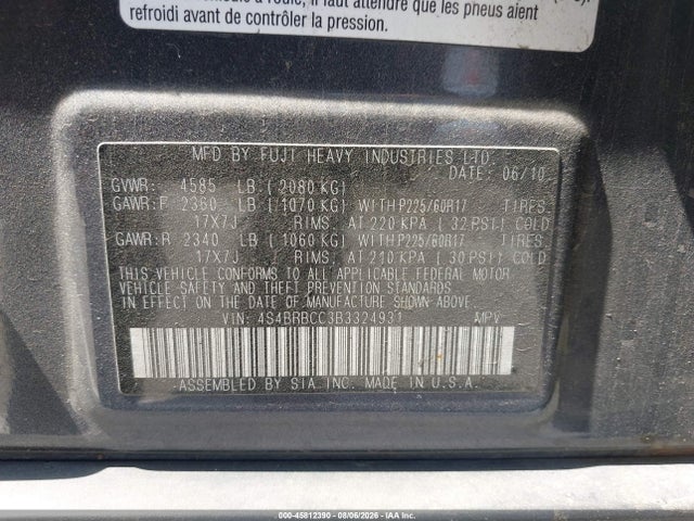 2011 Subaru Outback მანქანა იყიდება აუქციონზე, vin: 454BRBCC3B3324931, აუქციონის ნომერი: 45812390