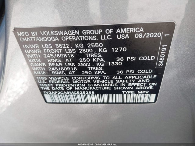 1V2AP2CA9MC525268 Volkswagen Atlas 2.0t S