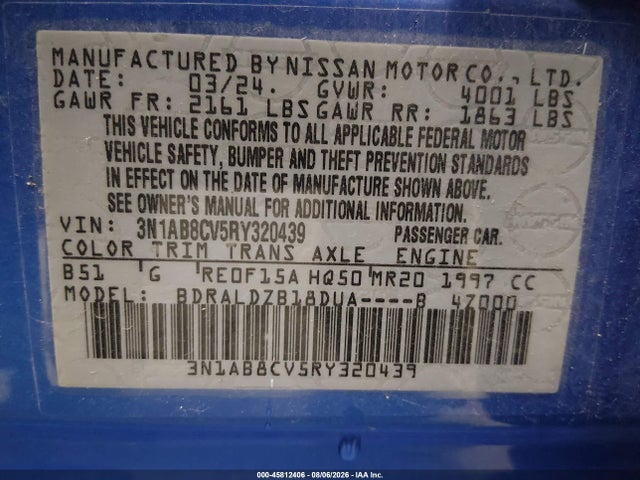 3N1AB8CV5RY320439 Nissan Sentra Sv Xtronic Cvt