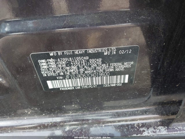 45812422 :رقم المزاد ، JF1GJAD62CH019600 vin ، 2012 Subaru Impreza 2.0i Premium مزاد بيع